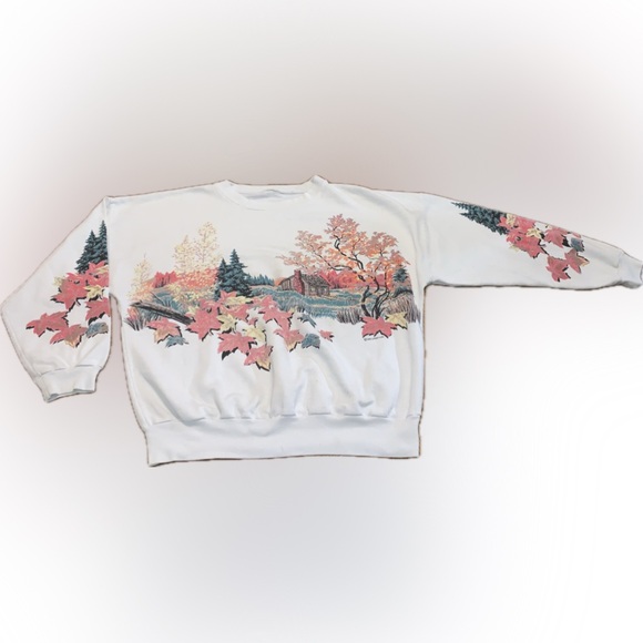Vintage 90s Baggy Oversized Scenic Autumn Fall Foliage Cabin Print Sweatshirt - Picture 5 of 8